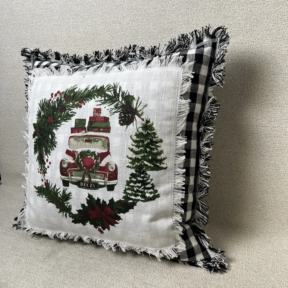 Christmas‎ Pillow Truck Black White Checkered Back 20 x 20 Holiday Decorative